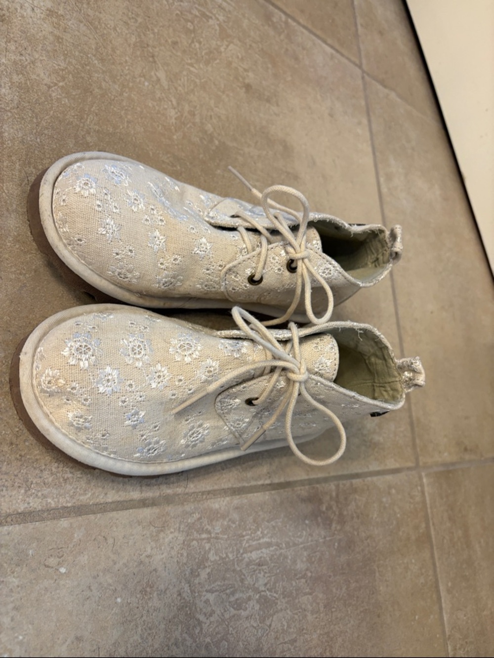 BearPaw Cream Lace-Up Kids Floral Embroidered Boots
